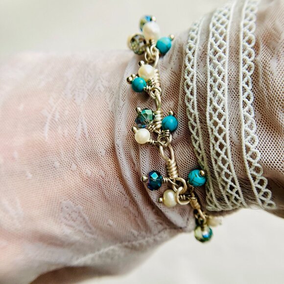 Cluster Bracelet with Turquoise, Pearls, and Crystals. Chain with Dangle Gem - Picture 16 of 16